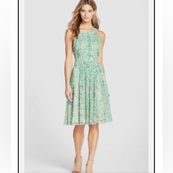 Adrianna Papell Dress Floral Leaf Chiffon Pleated Fit & Flare Midi Feminine - Picture 1 of 16